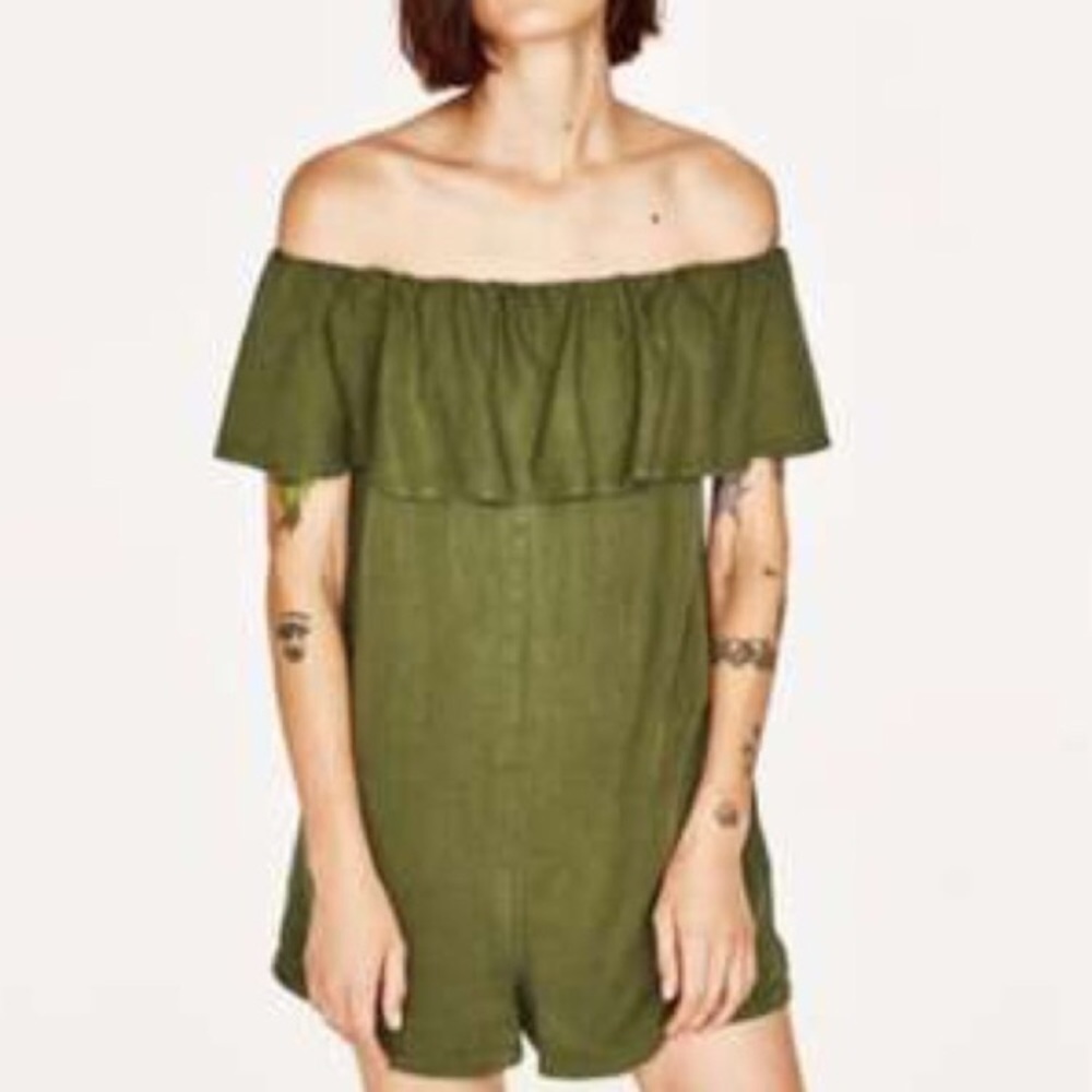 Zara Olive Off-Shoulder Ruffle Romper
